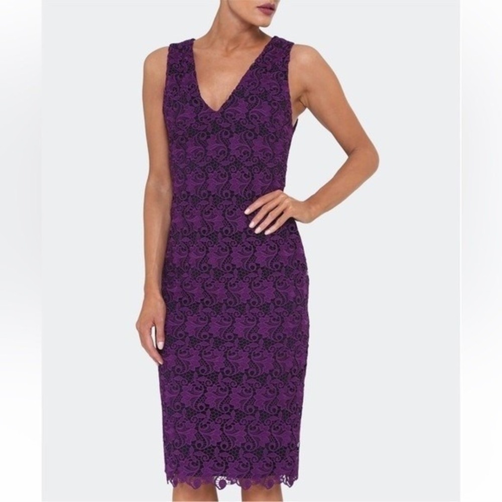 Alice + Olivia Purple Guipure Lace V-Neck Sheath Dress C609681250 Size 6